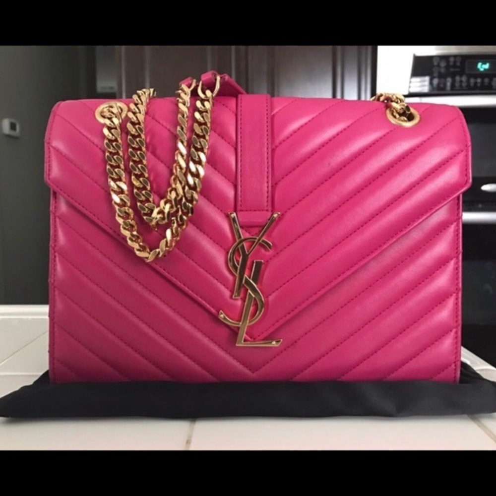 SOLD- YVES SAINT LAURENT Pink Chevron Quilted Lambskin Leather Medium Flap Bag